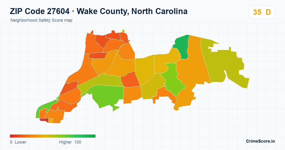 ZIP Code 27604 in Wake County, North Carolina neighborhood Safety Score map