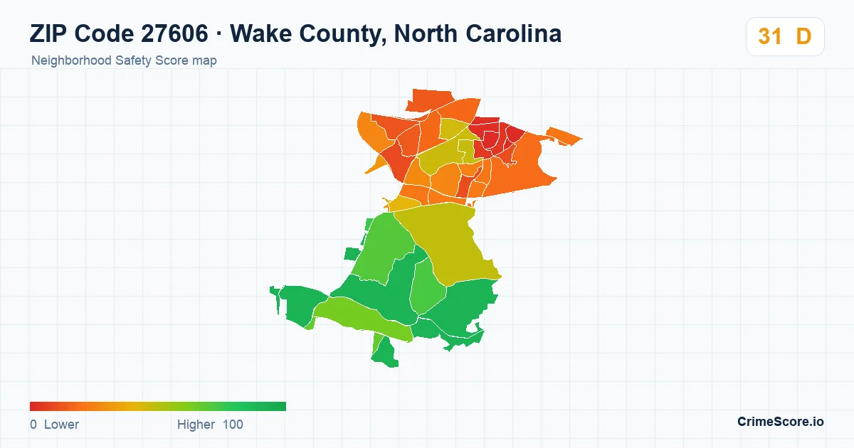 ZIP Code 27606 in Wake County, North Carolina neighborhood Safety Score map