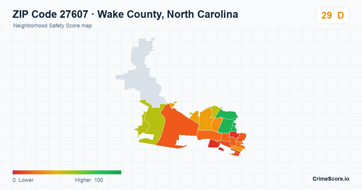 ZIP Code 27607 in Wake County, North Carolina neighborhood Safety Score map