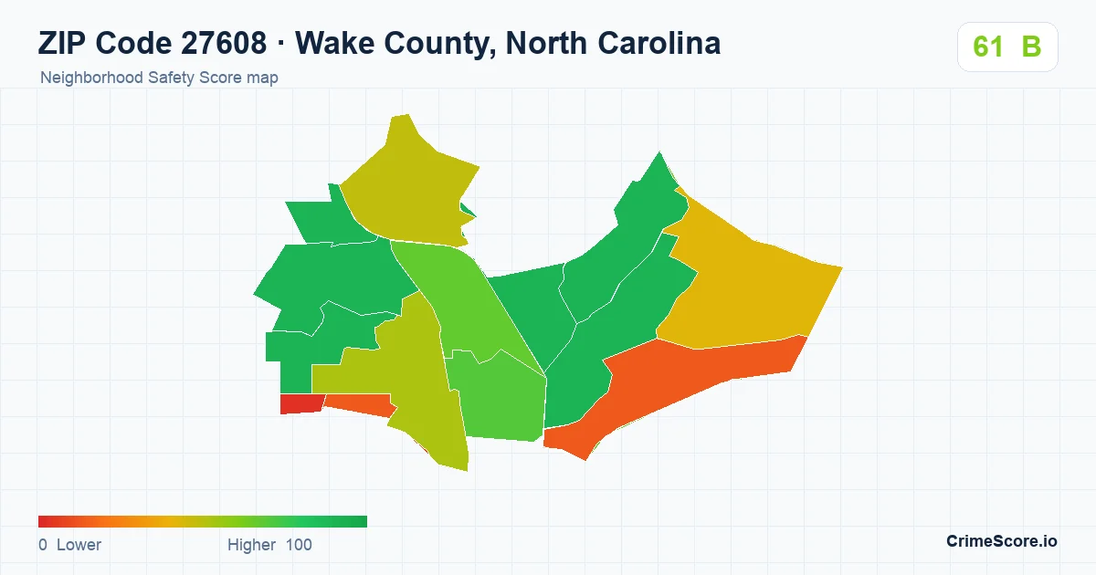 ZIP Code 27608 in Wake County, North Carolina neighborhood Safety Score map