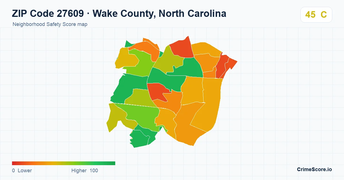 ZIP Code 27609 in Wake County, North Carolina neighborhood Safety Score map