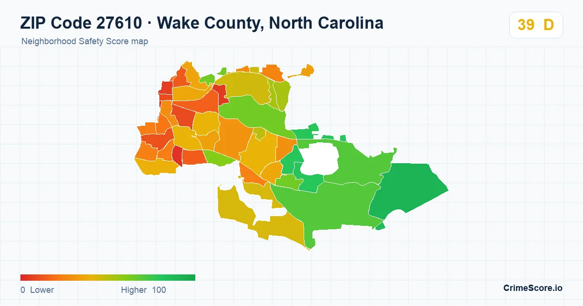 ZIP Code 27610 in Wake County, North Carolina neighborhood Safety Score map