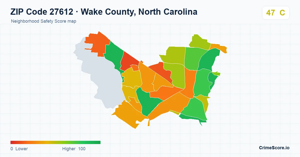 ZIP Code 27612 in Wake County, North Carolina neighborhood Safety Score map