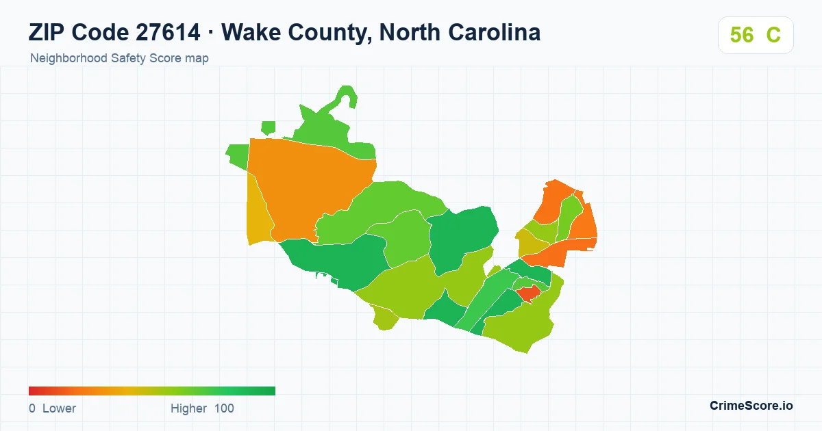 ZIP Code 27614 in Wake County, North Carolina neighborhood Safety Score map