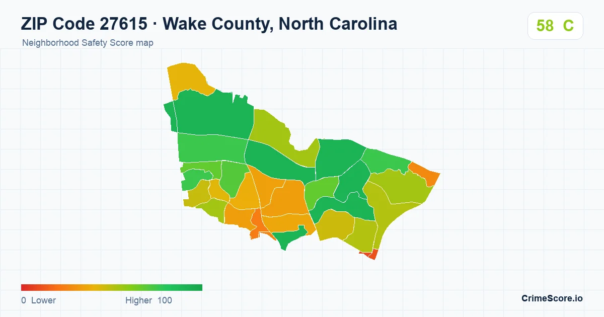 ZIP Code 27615 in Wake County, North Carolina neighborhood Safety Score map