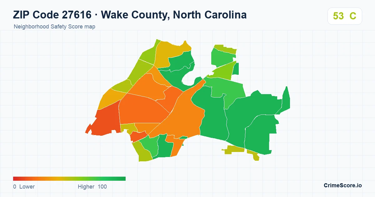 ZIP Code 27616 in Wake County, North Carolina neighborhood Safety Score map