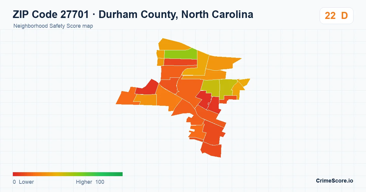 ZIP Code 27701 in Durham County, North Carolina neighborhood Safety Score map