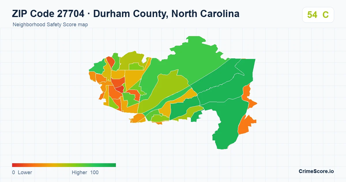 ZIP Code 27704 in Durham County, North Carolina neighborhood Safety Score map