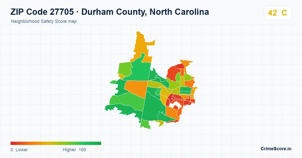 ZIP Code 27705 in Durham County, North Carolina neighborhood Safety Score map