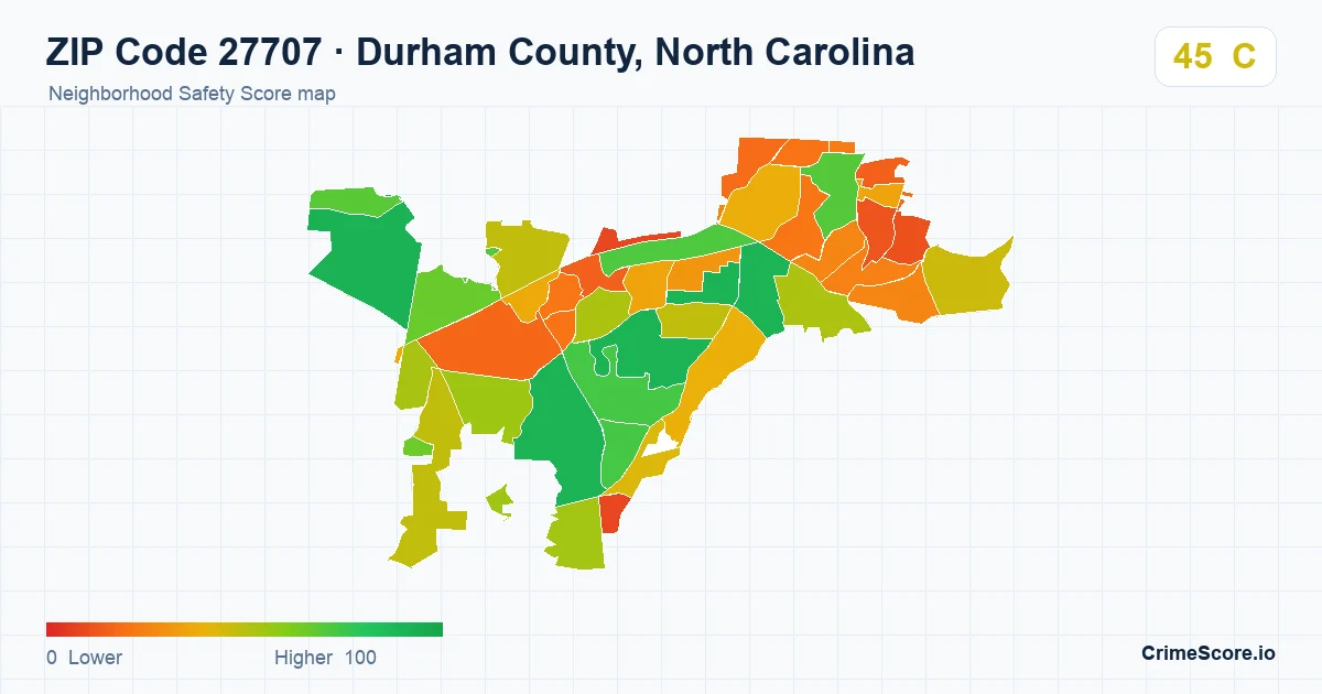 ZIP Code 27707 in Durham County, North Carolina neighborhood Safety Score map