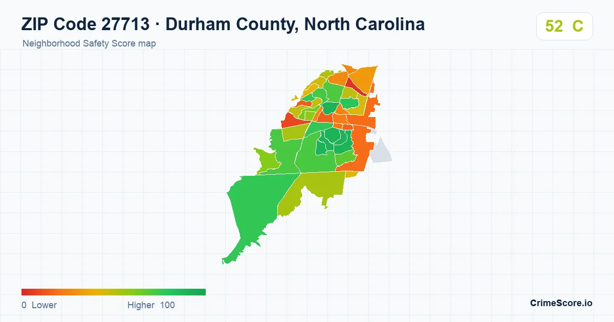 ZIP Code 27713 in Durham County, North Carolina neighborhood Safety Score map