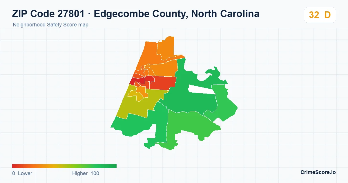ZIP Code 27801 in Edgecombe County, North Carolina neighborhood Safety Score map