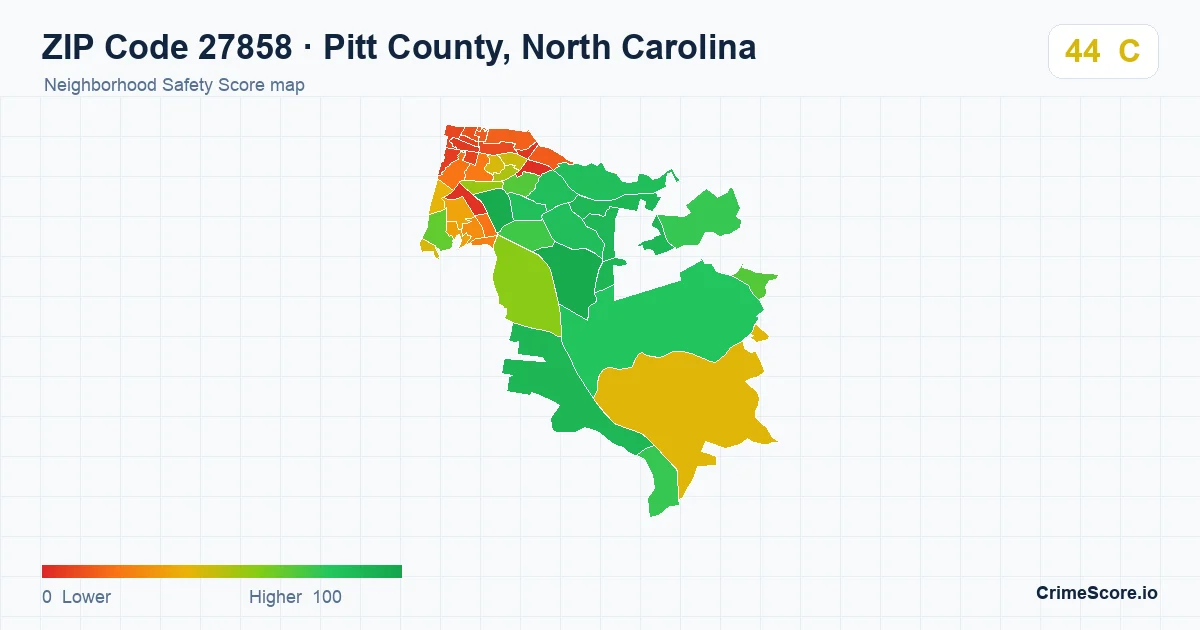 ZIP Code 27858 in Pitt County, North Carolina neighborhood Safety Score map