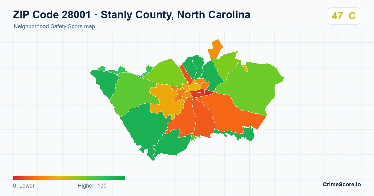 ZIP Code 28001 in Stanly County, North Carolina neighborhood Safety Score map