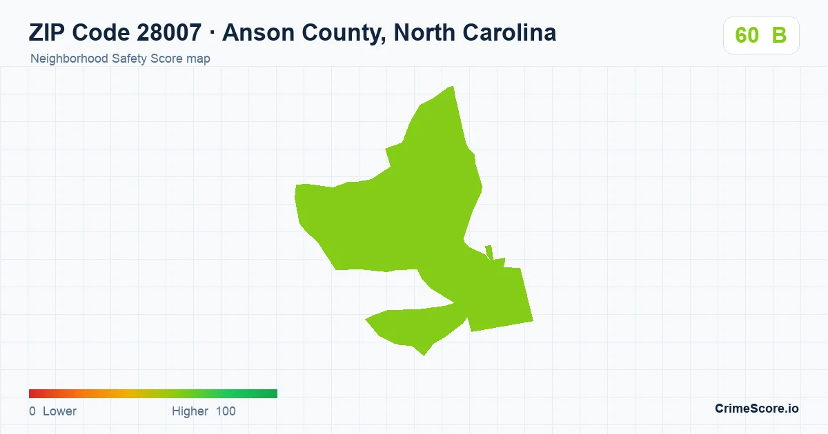 ZIP Code 28007 in Anson County, North Carolina neighborhood Safety Score map