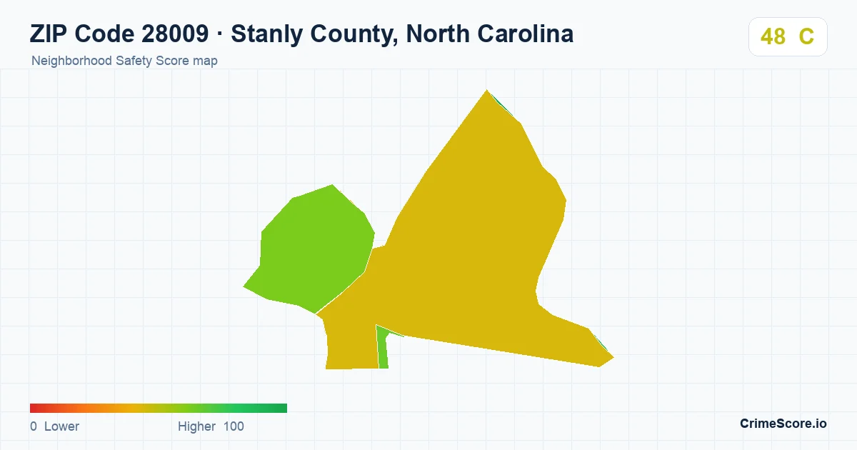 ZIP Code 28009 in Stanly County, North Carolina neighborhood Safety Score map