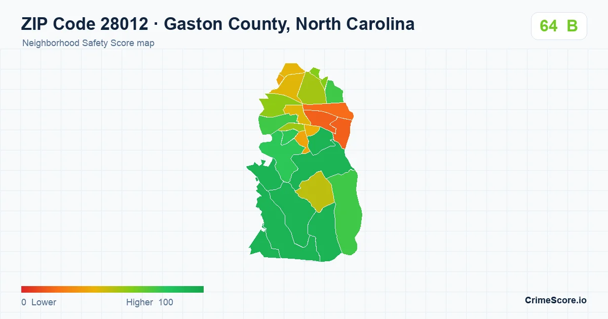 ZIP Code 28012 in Gaston County, North Carolina neighborhood Safety Score map
