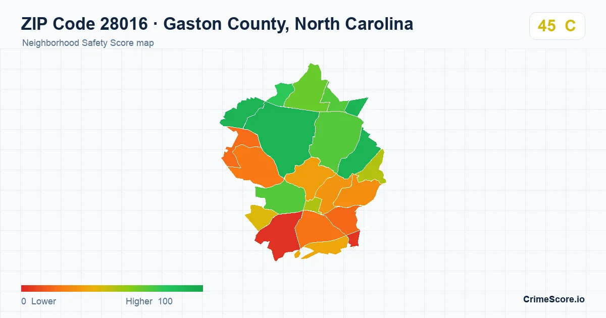 ZIP Code 28016 in Gaston County, North Carolina neighborhood Safety Score map