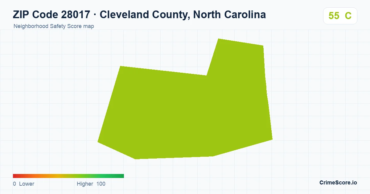 ZIP Code 28017 in Cleveland County, North Carolina neighborhood Safety Score map