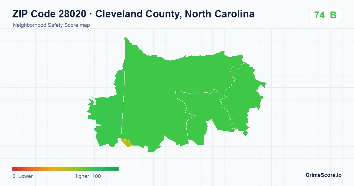 ZIP Code 28020 in Cleveland County, North Carolina neighborhood Safety Score map