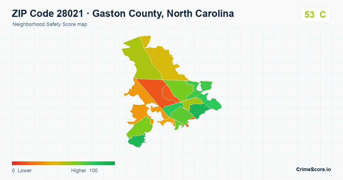 ZIP Code 28021 in Gaston County, North Carolina neighborhood Safety Score map