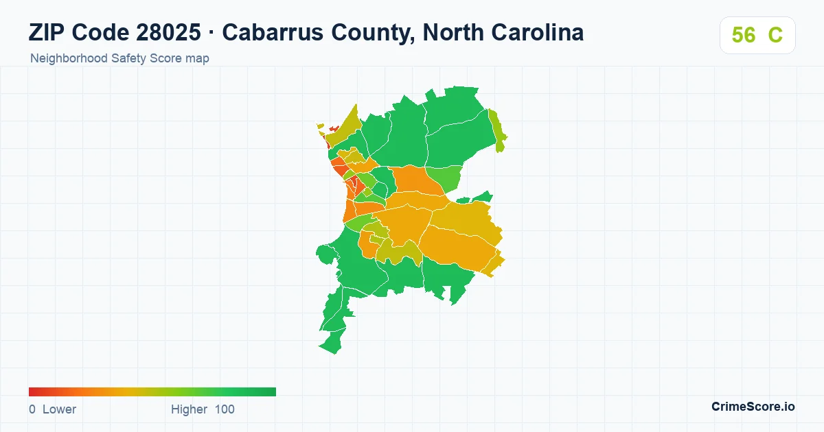 ZIP Code 28025 in Cabarrus County, North Carolina neighborhood Safety Score map