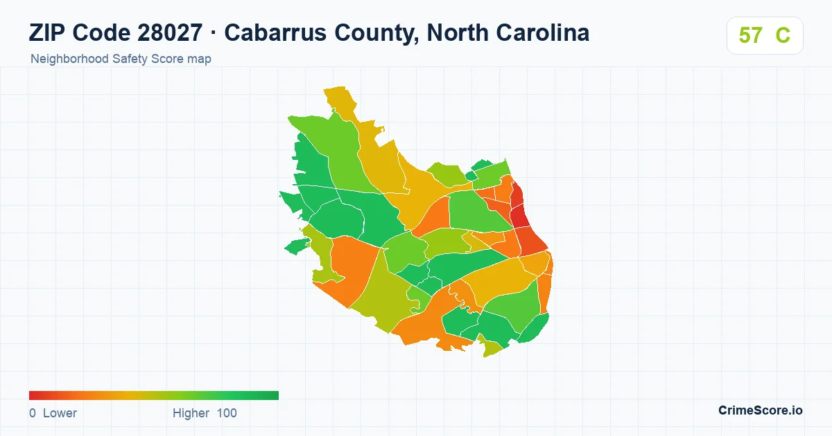 ZIP Code 28027 in Cabarrus County, North Carolina neighborhood Safety Score map