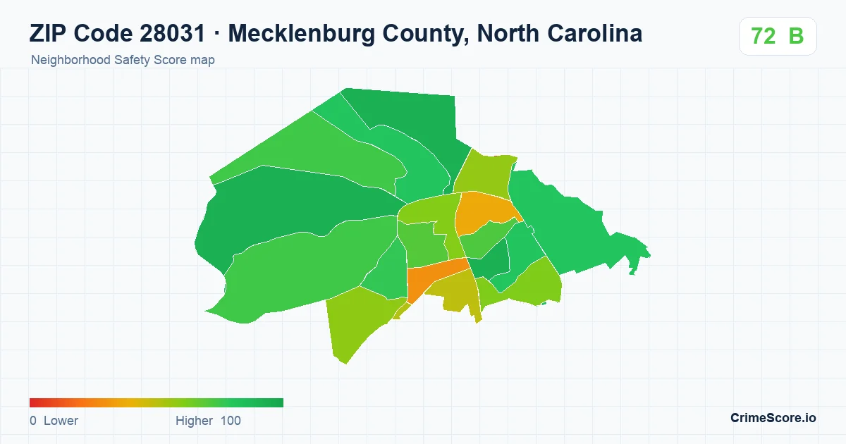 ZIP Code 28031 in Mecklenburg County, North Carolina neighborhood Safety Score map