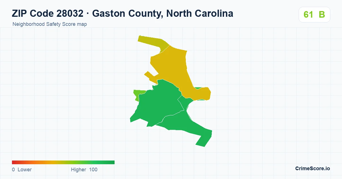 ZIP Code 28032 in Gaston County, North Carolina neighborhood Safety Score map