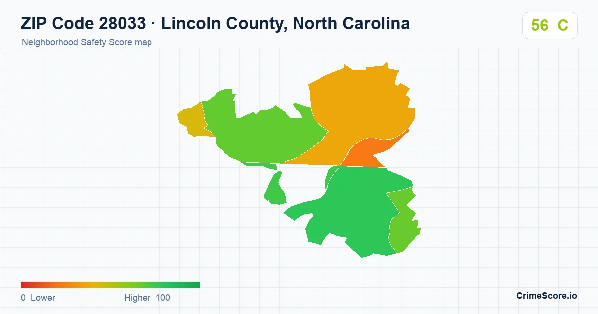 ZIP Code 28033 in Lincoln County, North Carolina neighborhood Safety Score map