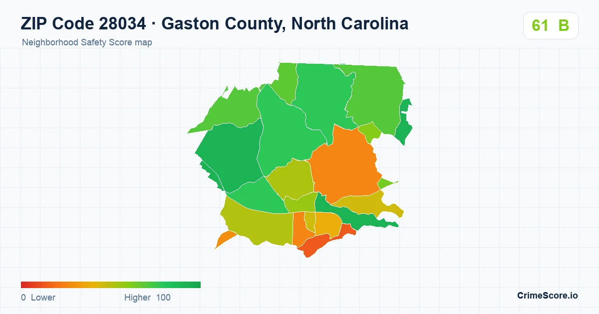 ZIP Code 28034 in Gaston County, North Carolina neighborhood Safety Score map