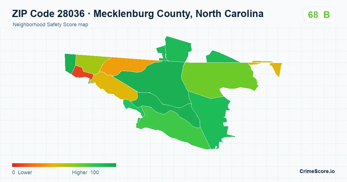 ZIP Code 28036 in Mecklenburg County, North Carolina neighborhood Safety Score map