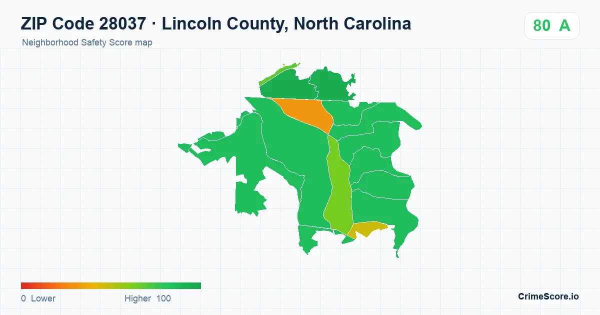ZIP Code 28037 in Lincoln County, North Carolina neighborhood Safety Score map