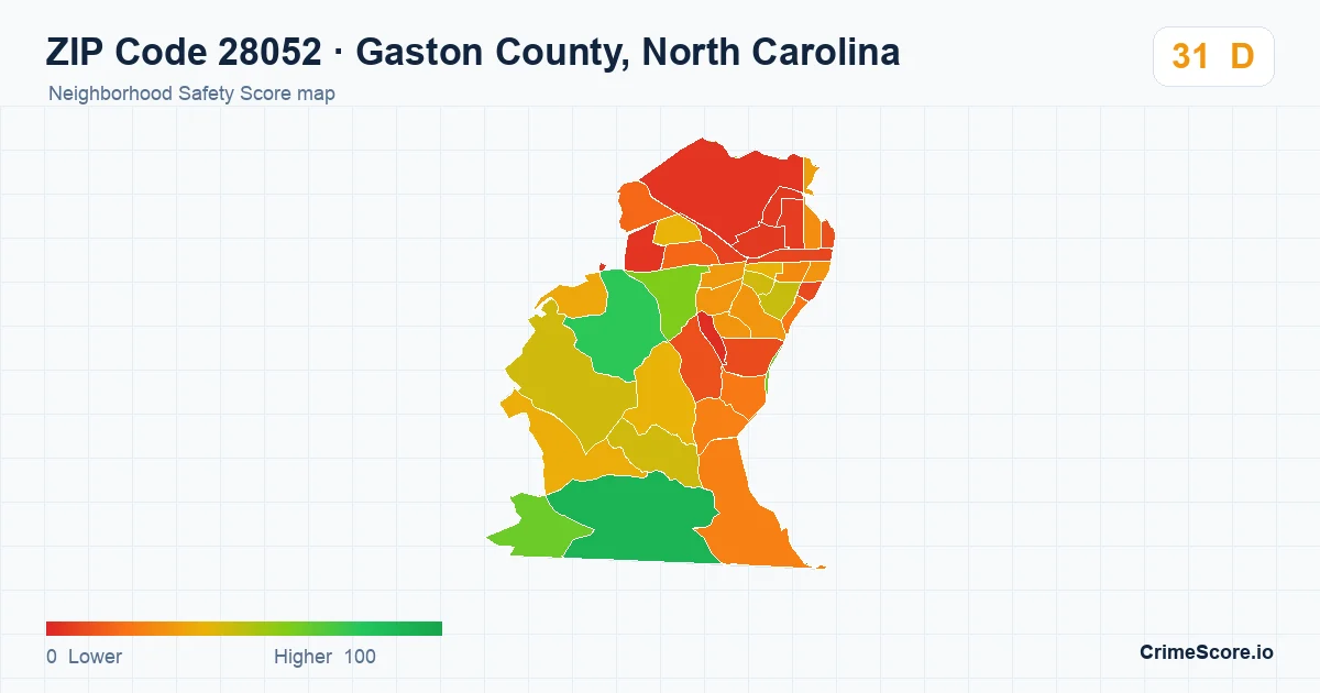 ZIP Code 28052 in Gaston County, North Carolina neighborhood Safety Score map