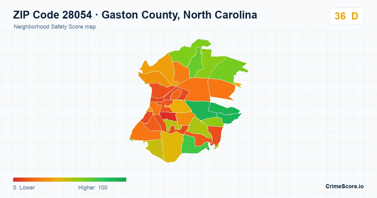ZIP Code 28054 in Gaston County, North Carolina neighborhood Safety Score map