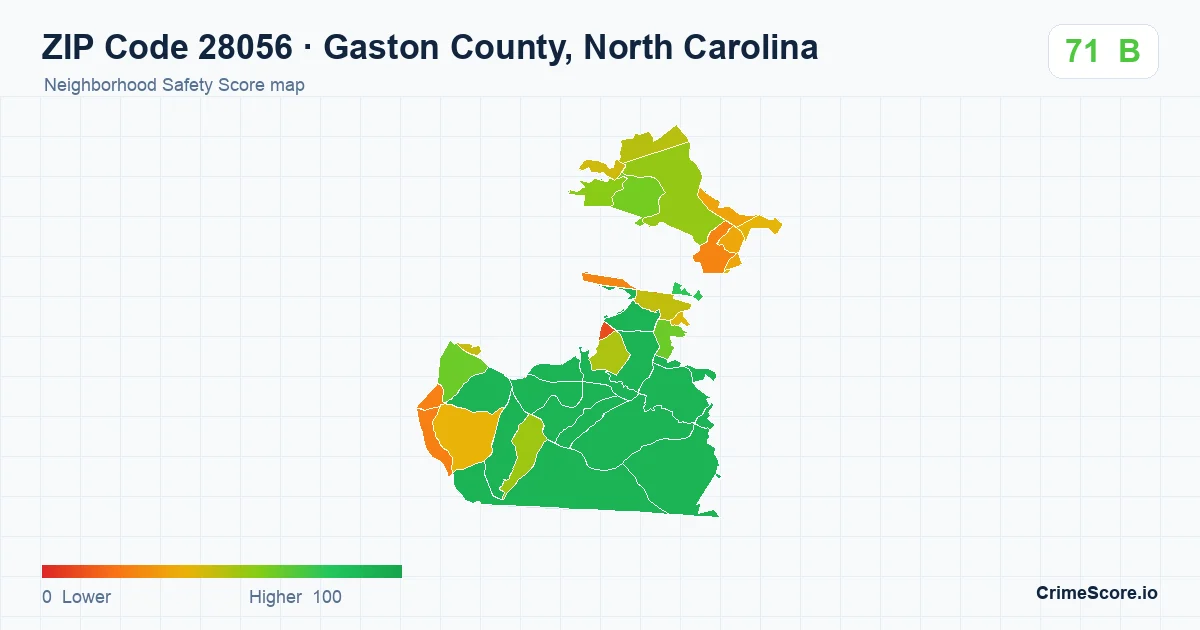 ZIP Code 28056 in Gaston County, North Carolina neighborhood Safety Score map