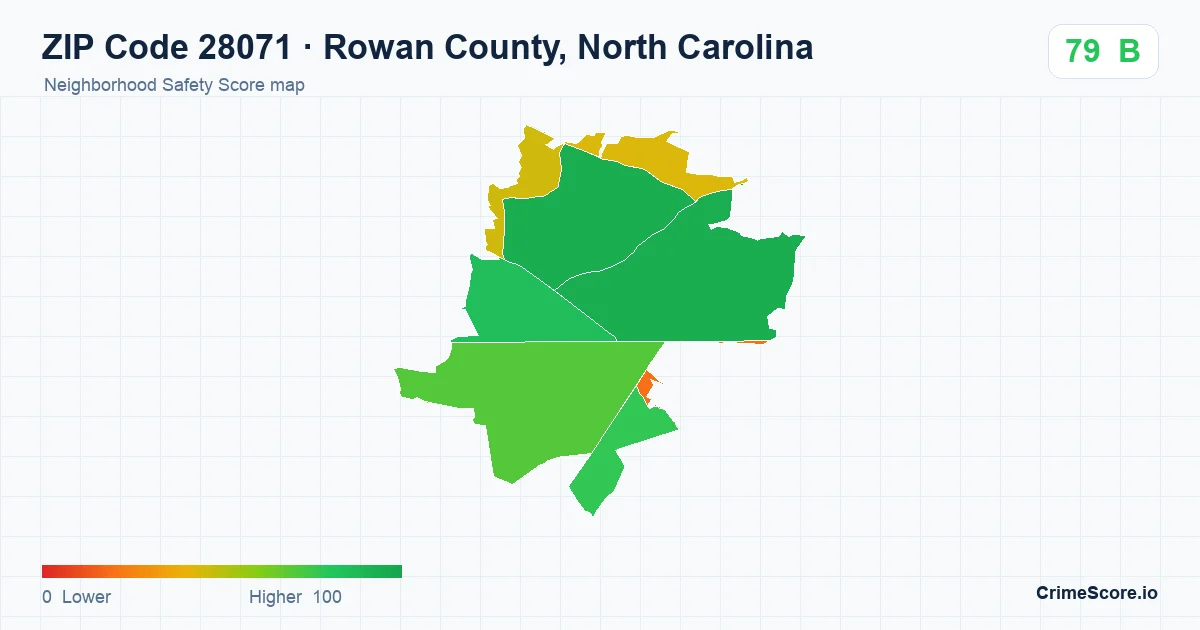 ZIP Code 28071 in Rowan County, North Carolina neighborhood Safety Score map
