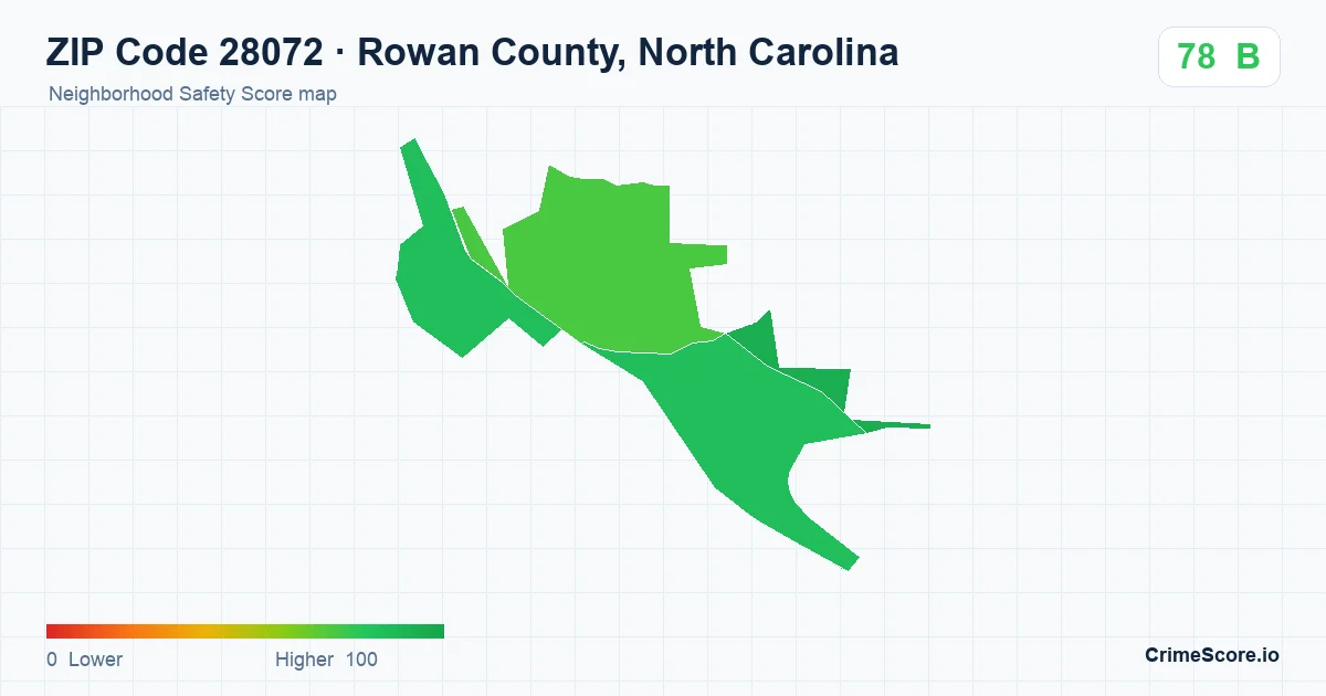 ZIP Code 28072 in Rowan County, North Carolina neighborhood Safety Score map