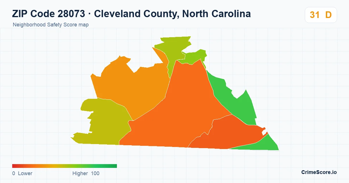 ZIP Code 28073 in Cleveland County, North Carolina neighborhood Safety Score map