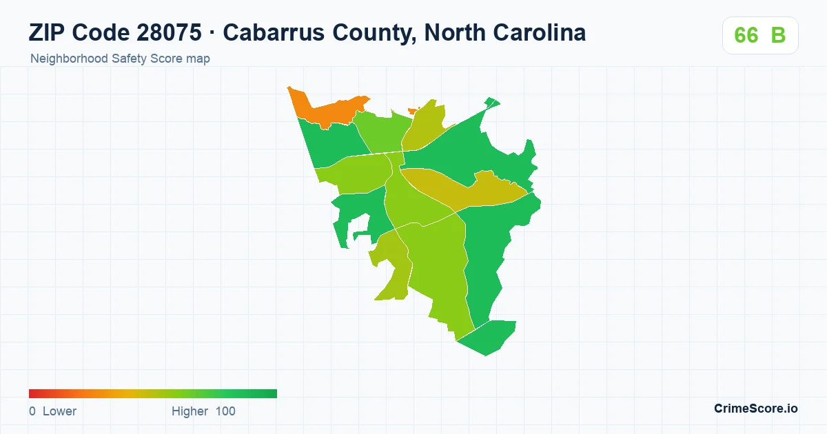 ZIP Code 28075 in Cabarrus County, North Carolina neighborhood Safety Score map