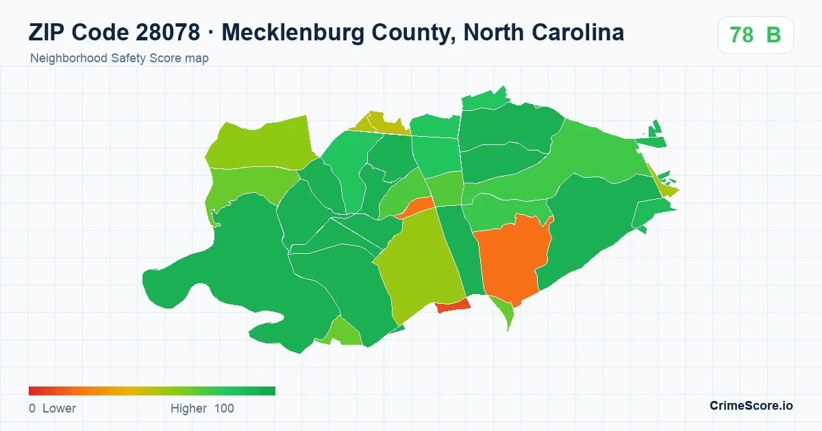 ZIP Code 28078 in Mecklenburg County, North Carolina neighborhood Safety Score map