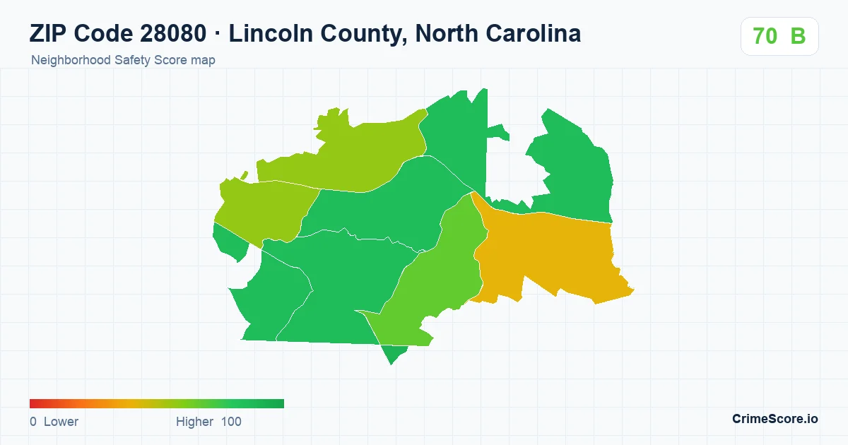 ZIP Code 28080 in Lincoln County, North Carolina neighborhood Safety Score map