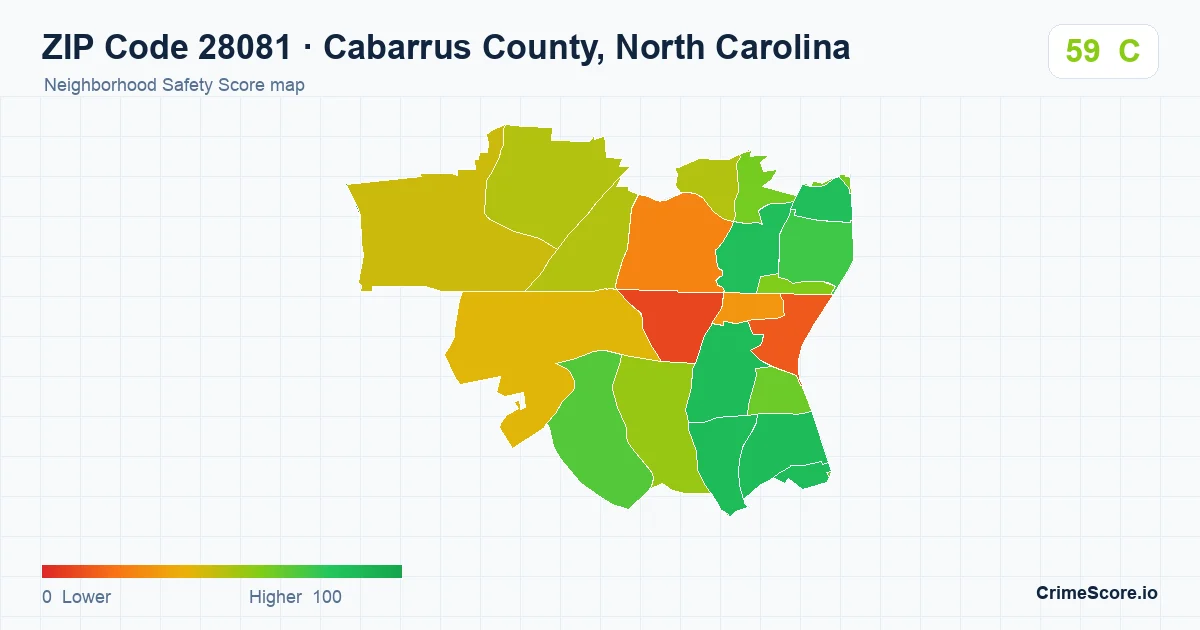 ZIP Code 28081 in Cabarrus County, North Carolina neighborhood Safety Score map