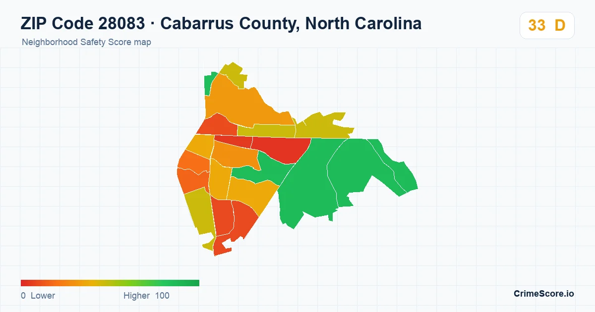 ZIP Code 28083 in Cabarrus County, North Carolina neighborhood Safety Score map