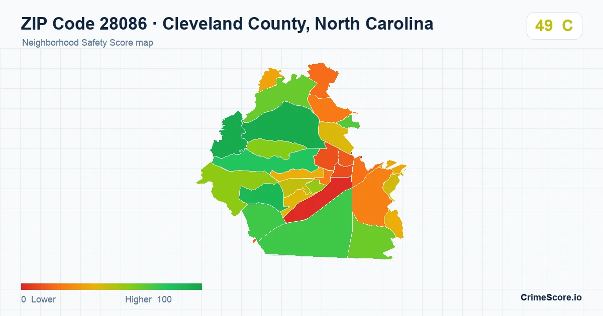 ZIP Code 28086 in Cleveland County, North Carolina neighborhood Safety Score map