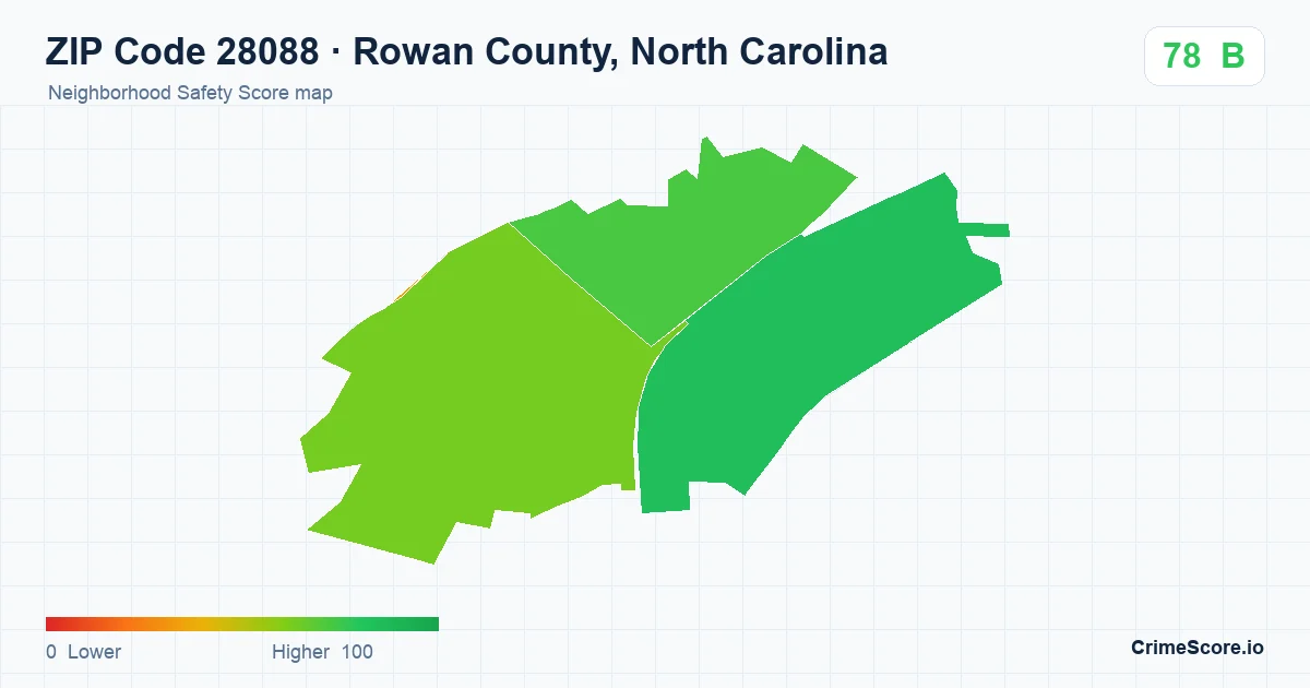 ZIP Code 28088 in Rowan County, North Carolina neighborhood Safety Score map