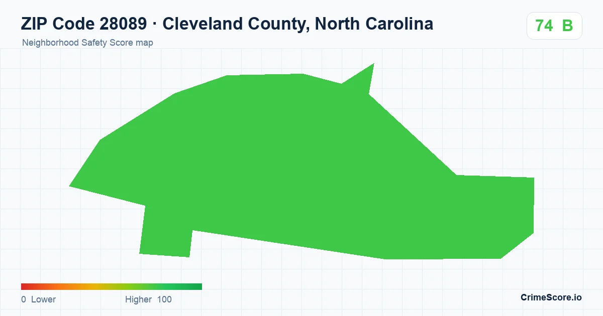 ZIP Code 28089 in Cleveland County, North Carolina neighborhood Safety Score map