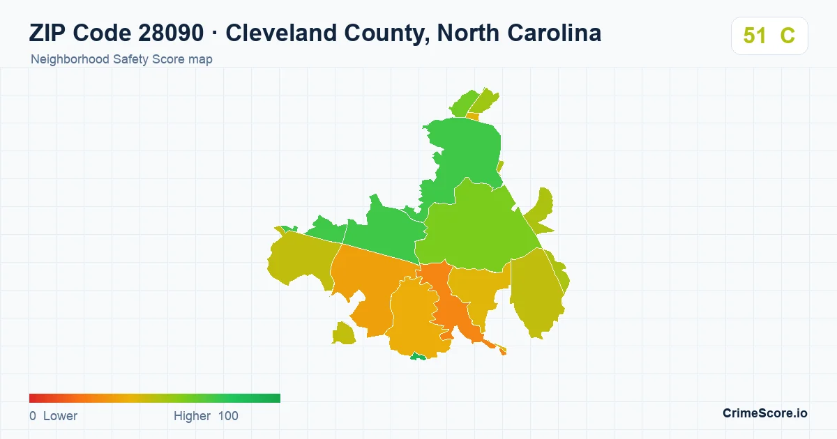 ZIP Code 28090 in Cleveland County, North Carolina neighborhood Safety Score map
