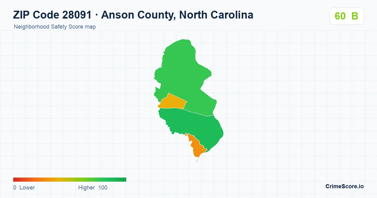 ZIP Code 28091 in Anson County, North Carolina neighborhood Safety Score map