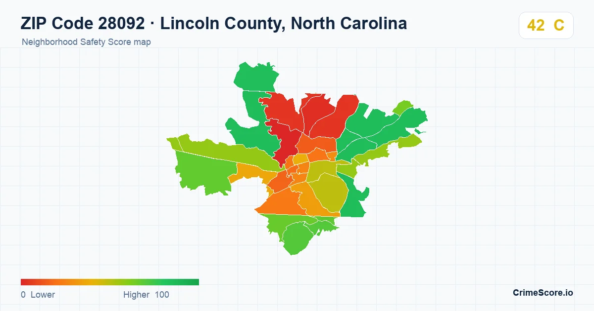 ZIP Code 28092 in Lincoln County, North Carolina neighborhood Safety Score map
